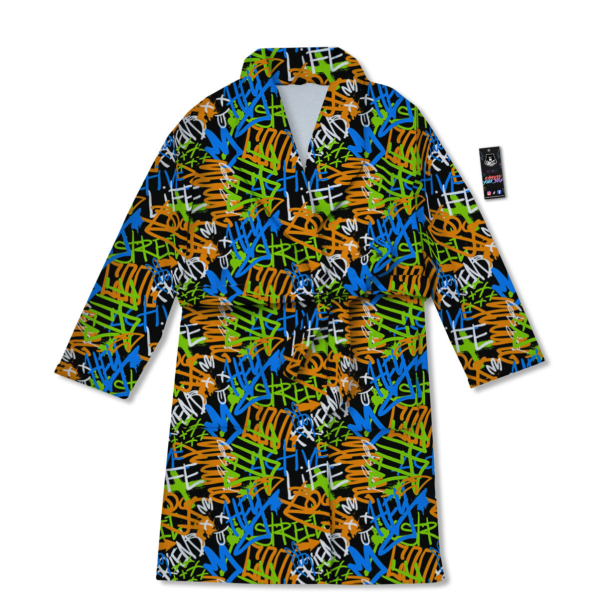 Graffiti Text Print Pattern Bathrobe-grizzshop