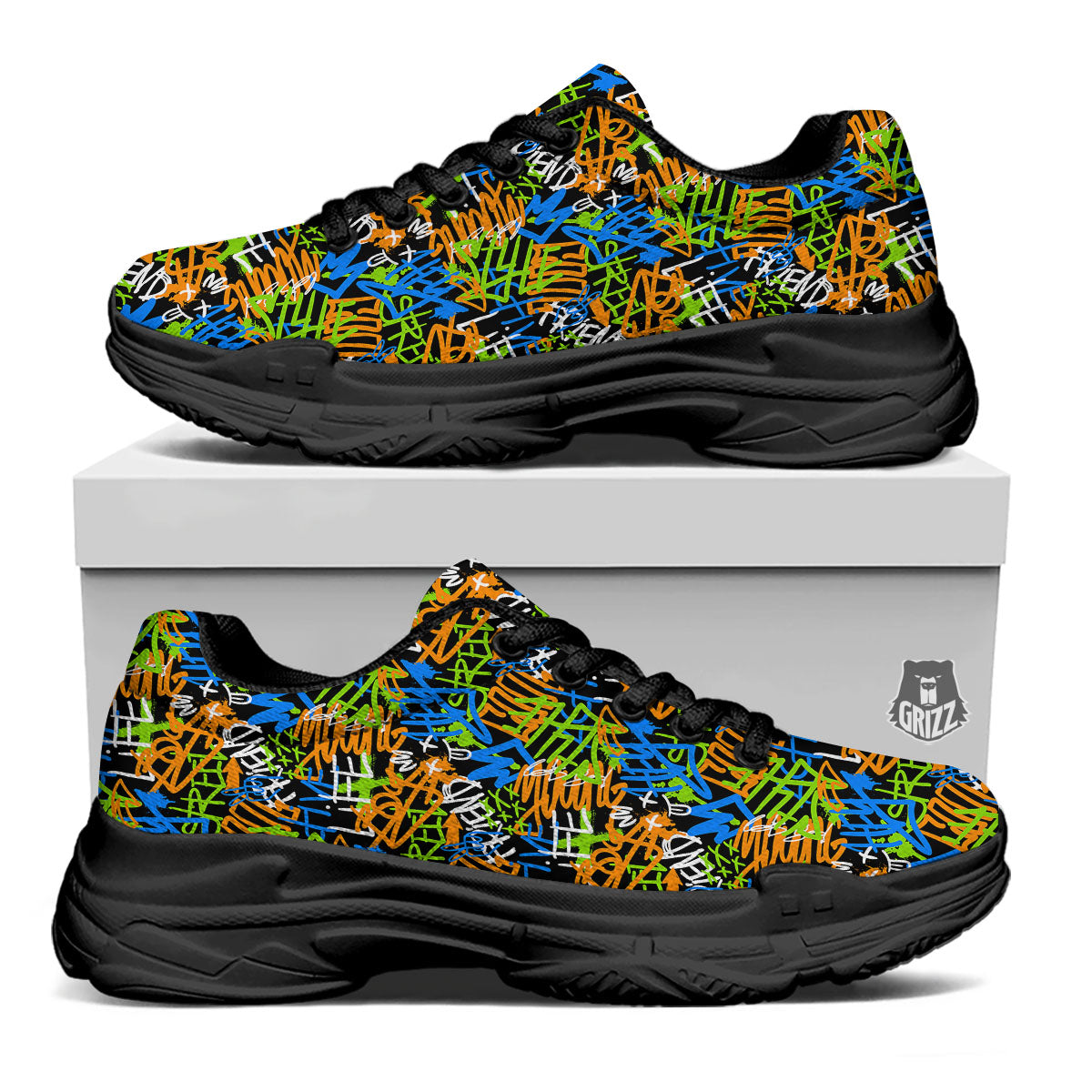 Graffiti Text Print Pattern Black Chunky Shoes-grizzshop