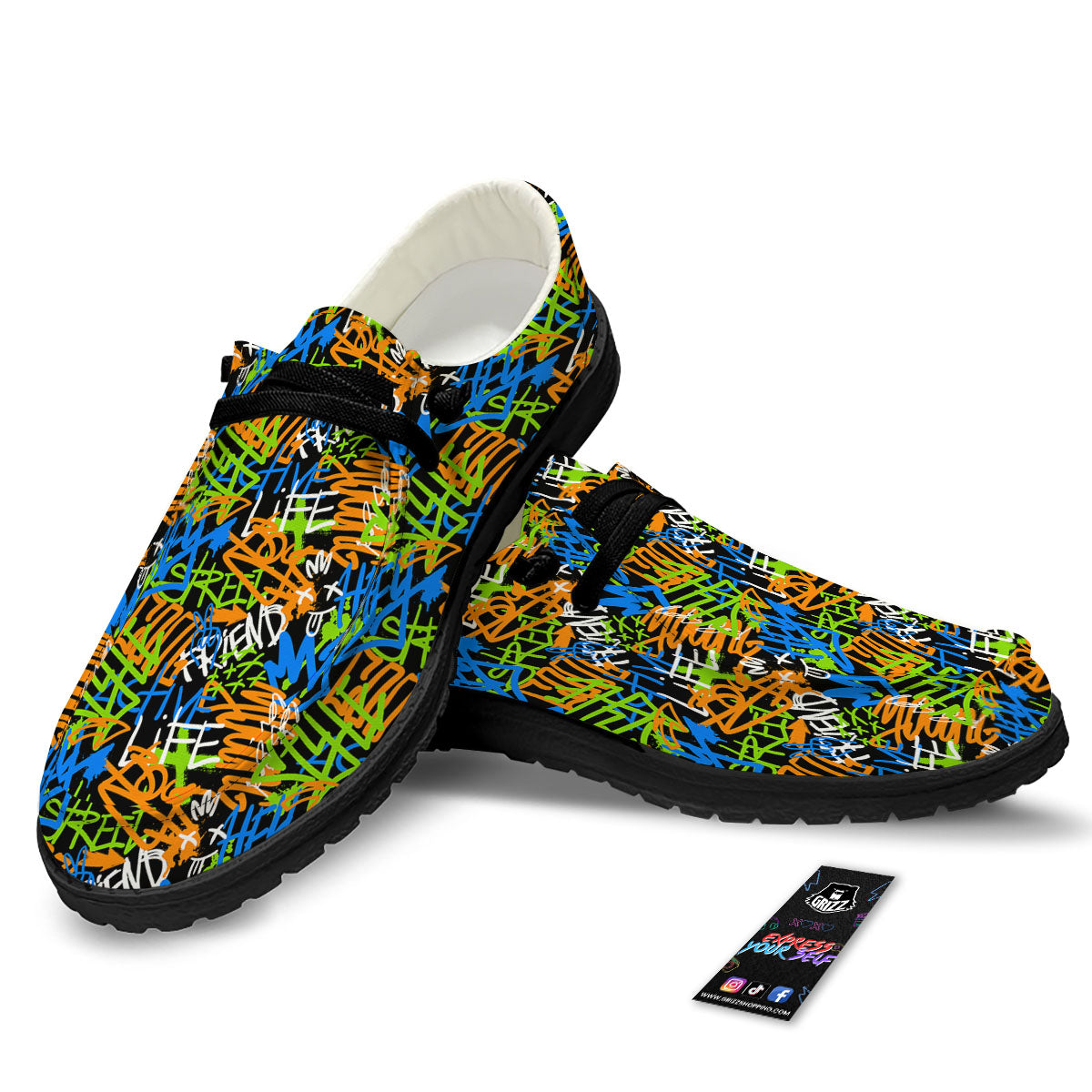 Graffiti Text Print Pattern Black Loafers-grizzshop