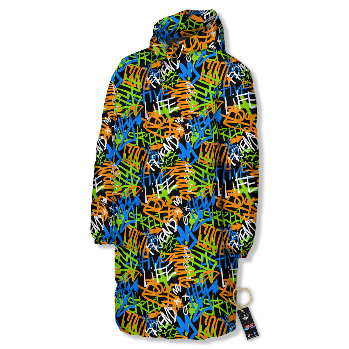 Graffiti Text Print Pattern Long Down Jacket-grizzshop