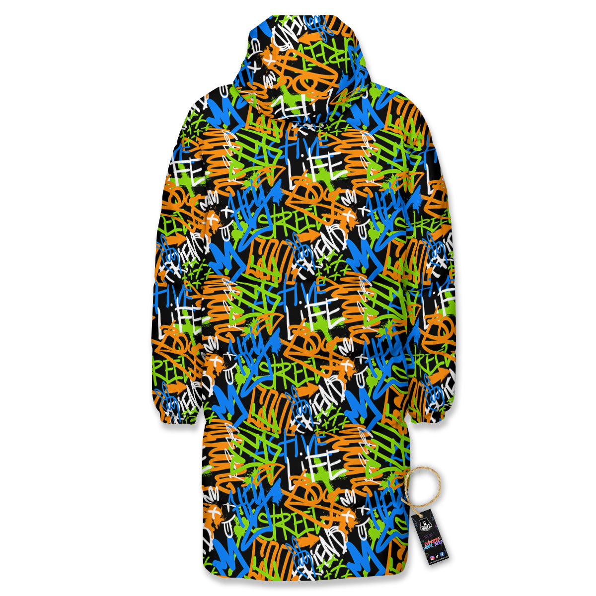 Graffiti Text Print Pattern Long Down Jacket-grizzshop