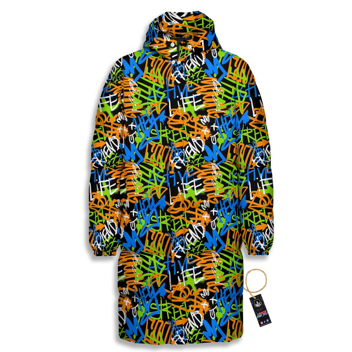 Graffiti Text Print Pattern Long Down Jacket-grizzshop