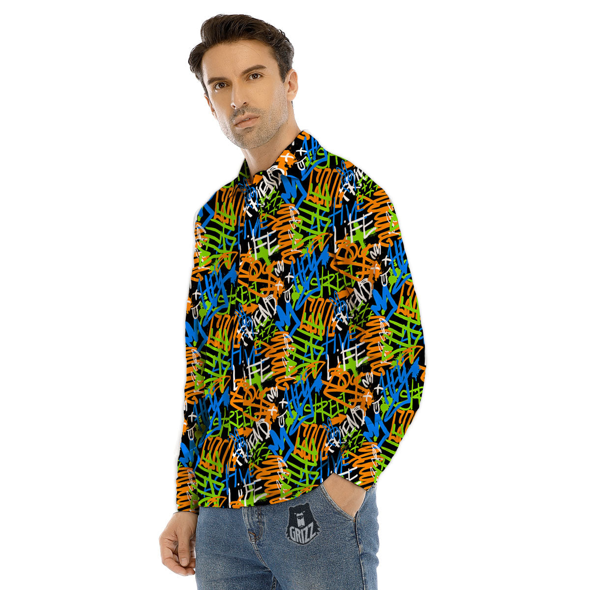 Graffiti Text Print Pattern Men's Dress Shirts-grizzshop