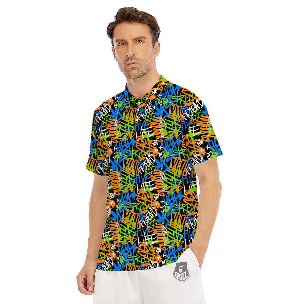 Graffiti Text Print Pattern Men's Golf Shirts-grizzshop