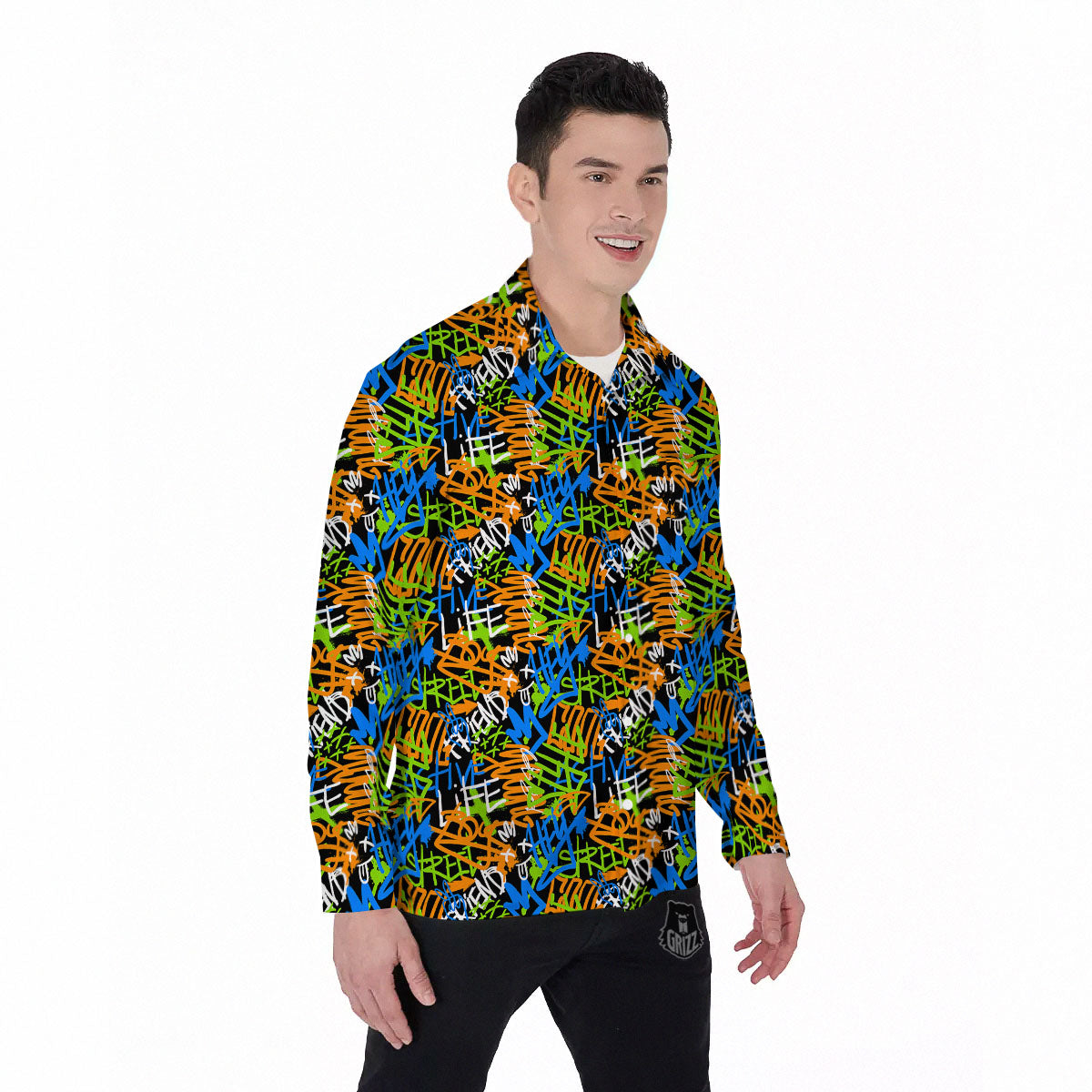 Graffiti Text Print Pattern Men's Long Sleeve Shirts-grizzshop