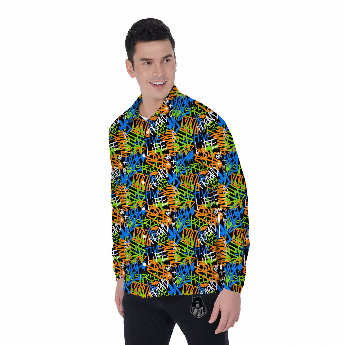 Graffiti Text Print Pattern Men's Long Sleeve Shirts-grizzshop