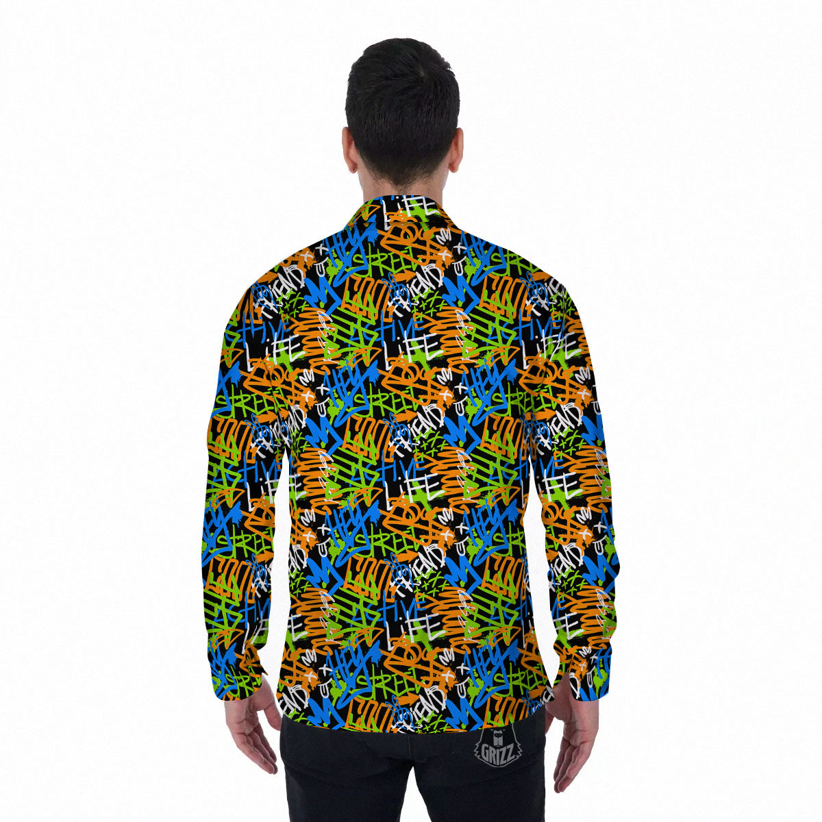 Graffiti Text Print Pattern Men's Long Sleeve Shirts-grizzshop