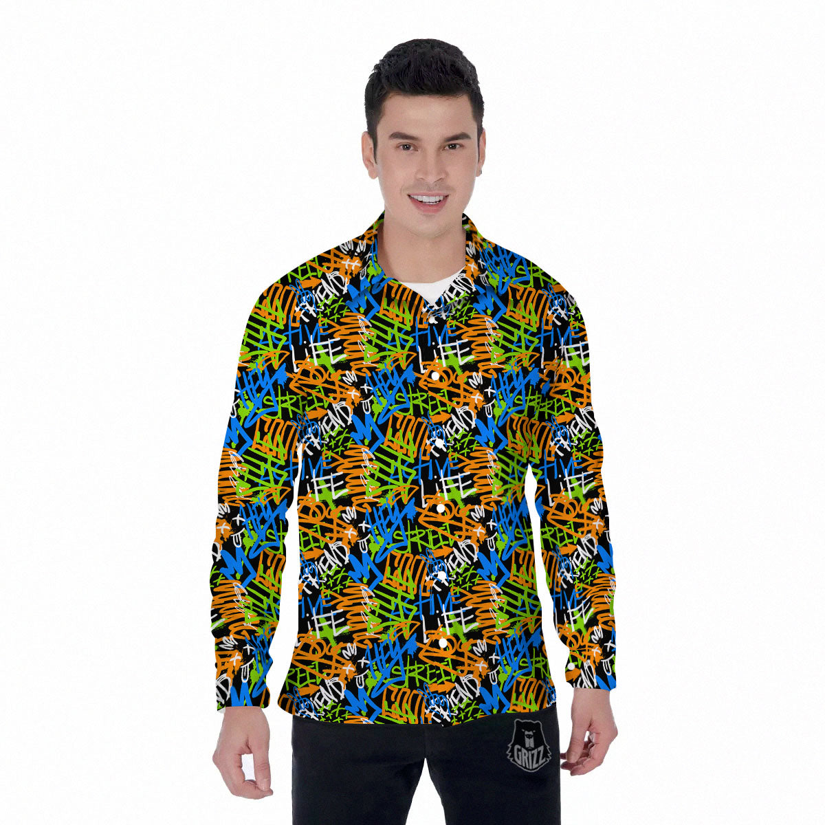 Graffiti Text Print Pattern Men's Long Sleeve Shirts-grizzshop