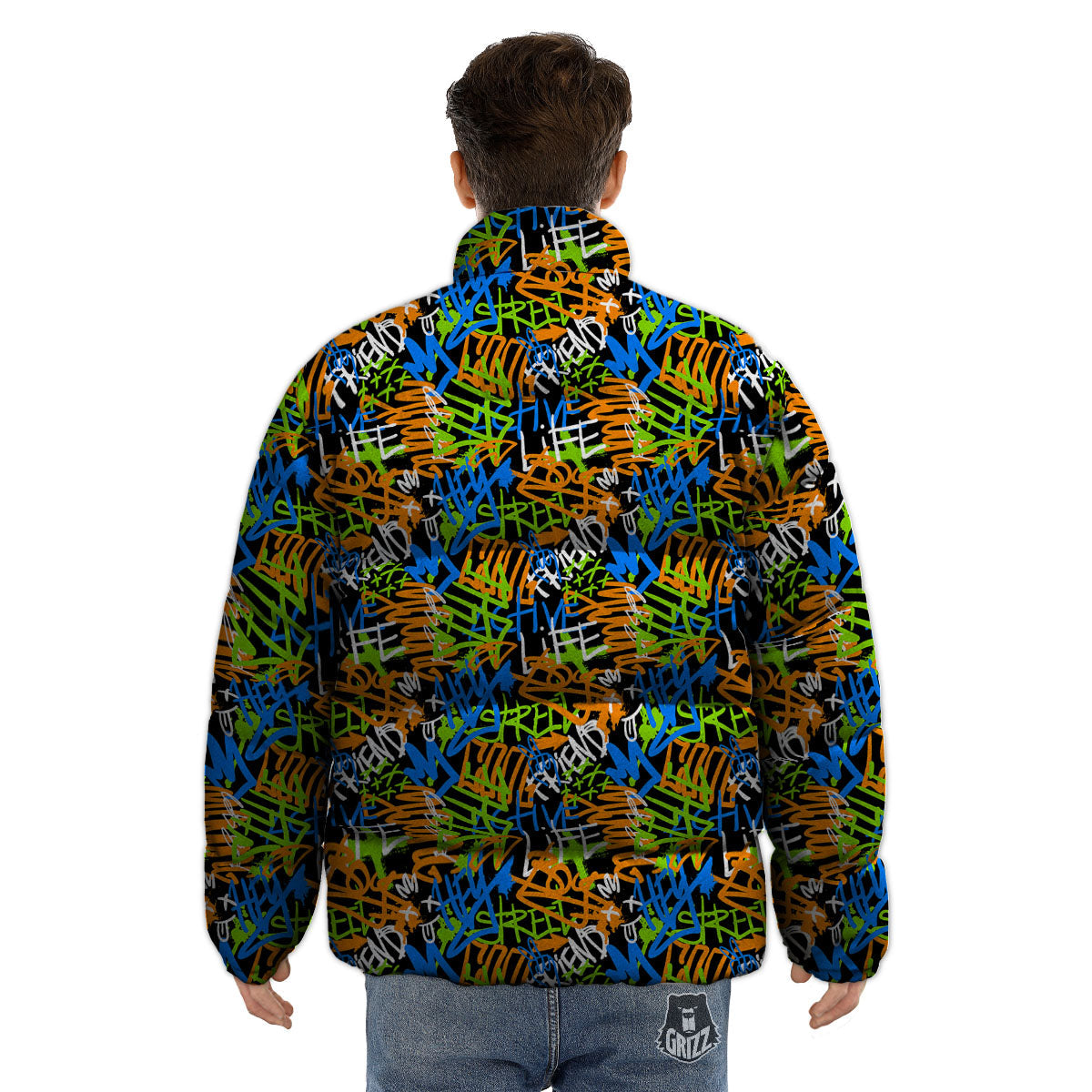 Graffiti Text Print Pattern Puffer Jacket-grizzshop