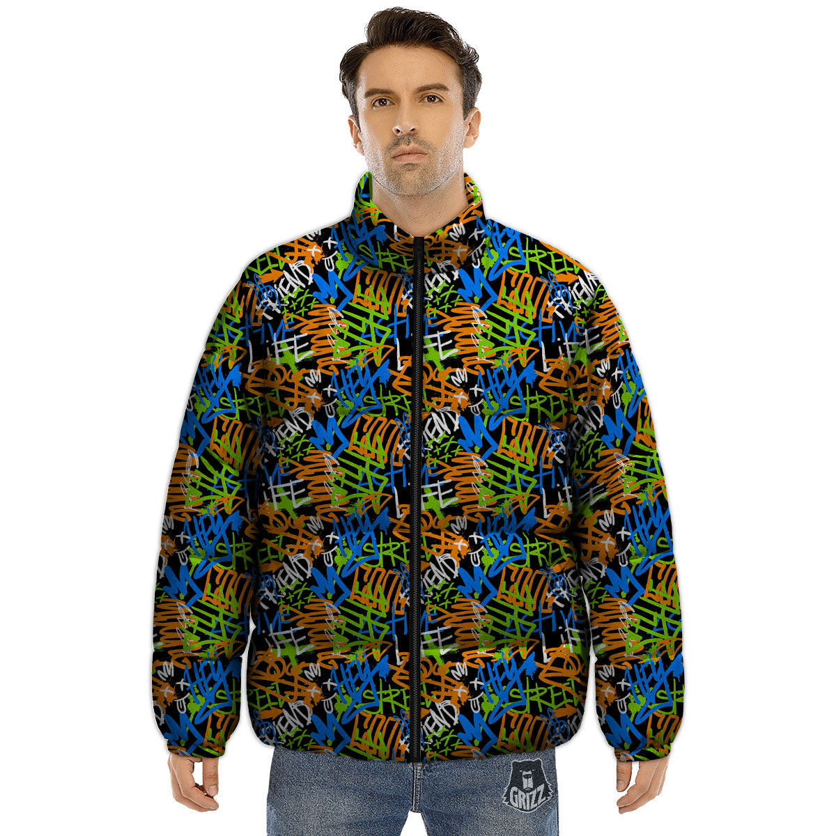 Graffiti Text Print Pattern Puffer Jacket-grizzshop