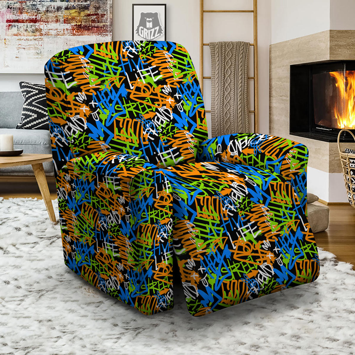 Graffiti Text Print Pattern Recliner Slipcover-grizzshop