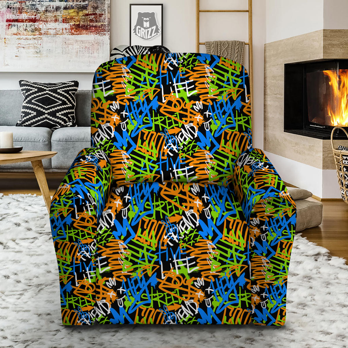 Graffiti Text Print Pattern Recliner Slipcover-grizzshop