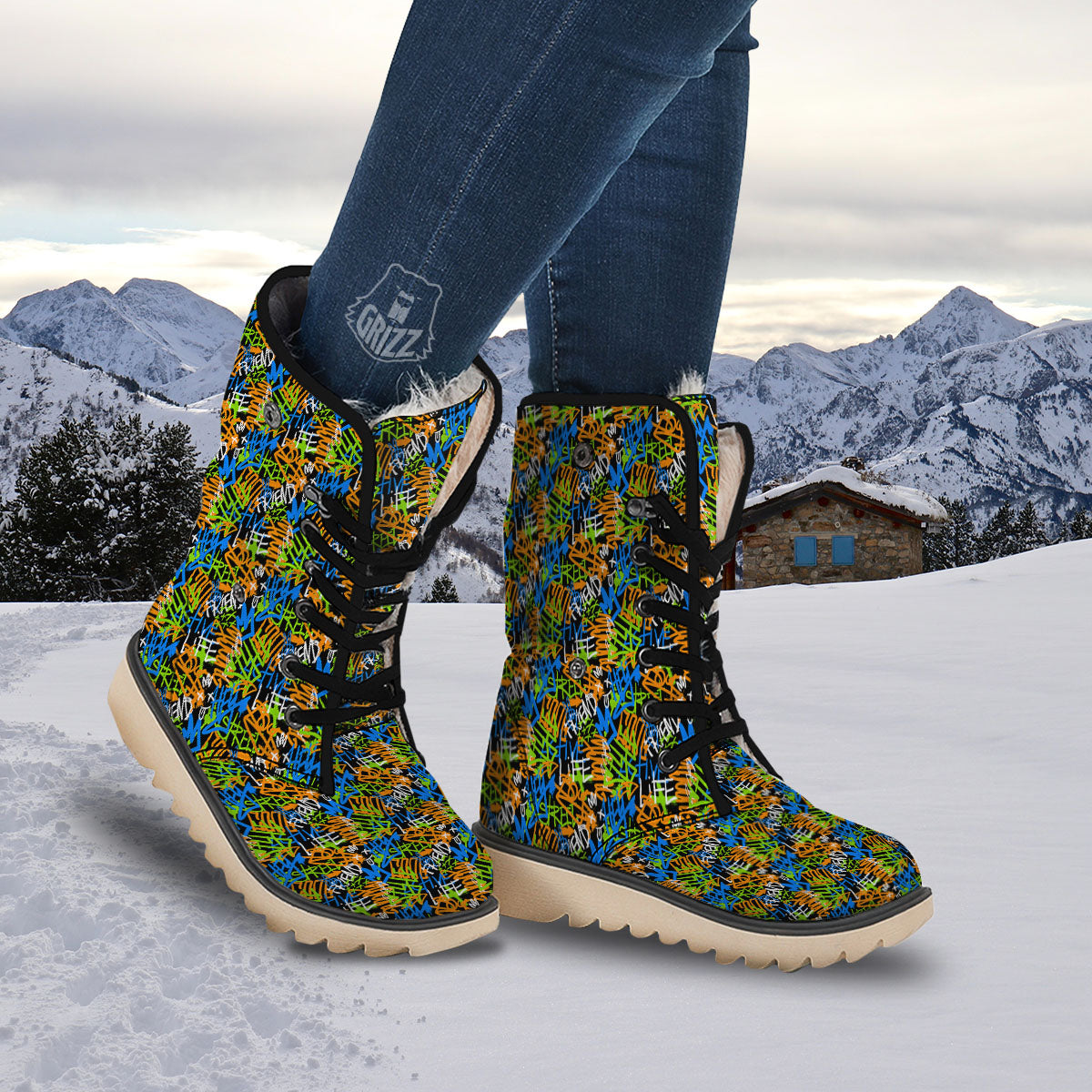 Graffiti Text Print Pattern Snow Boots-grizzshop