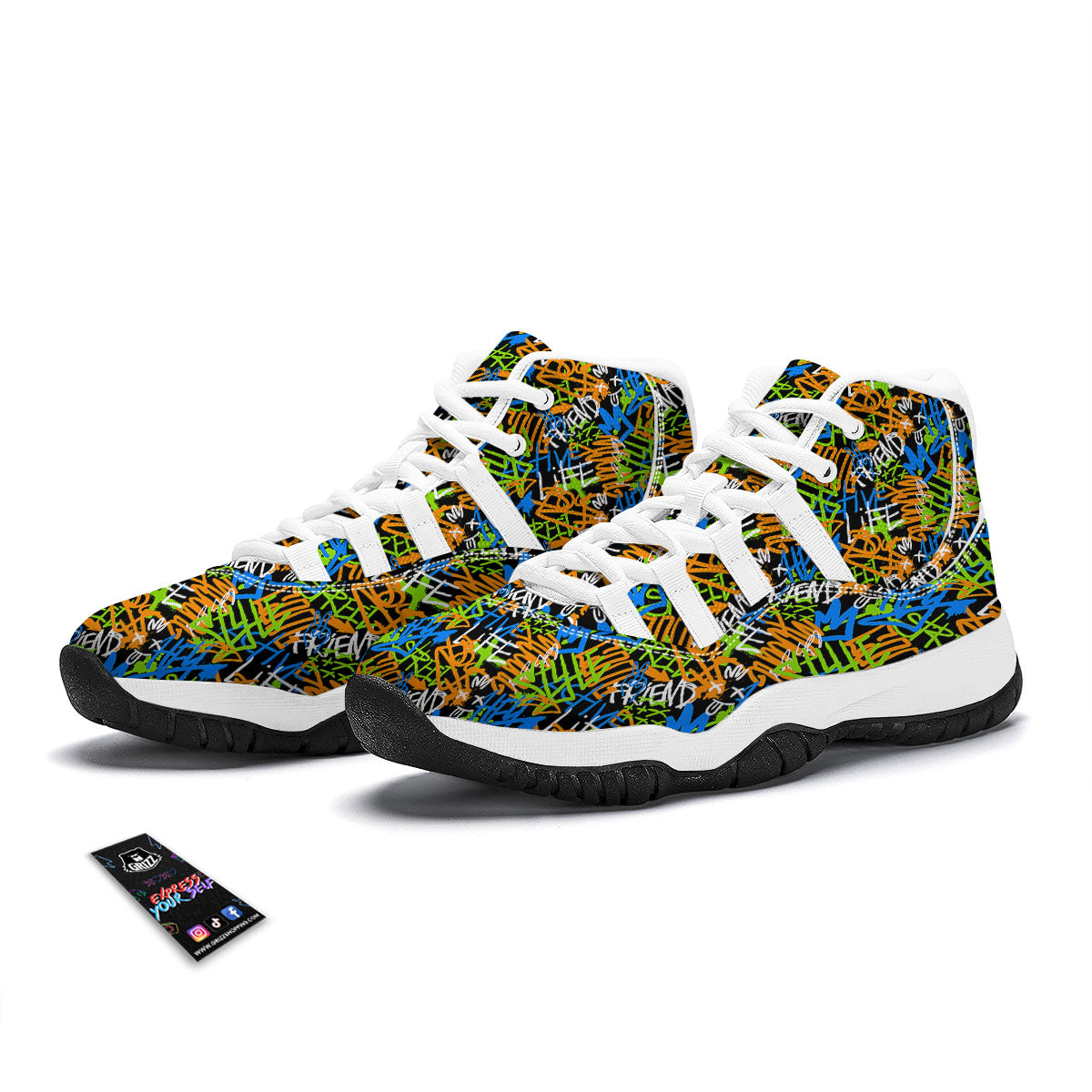 Graffiti Text Print Pattern White Bball Shoes-grizzshop
