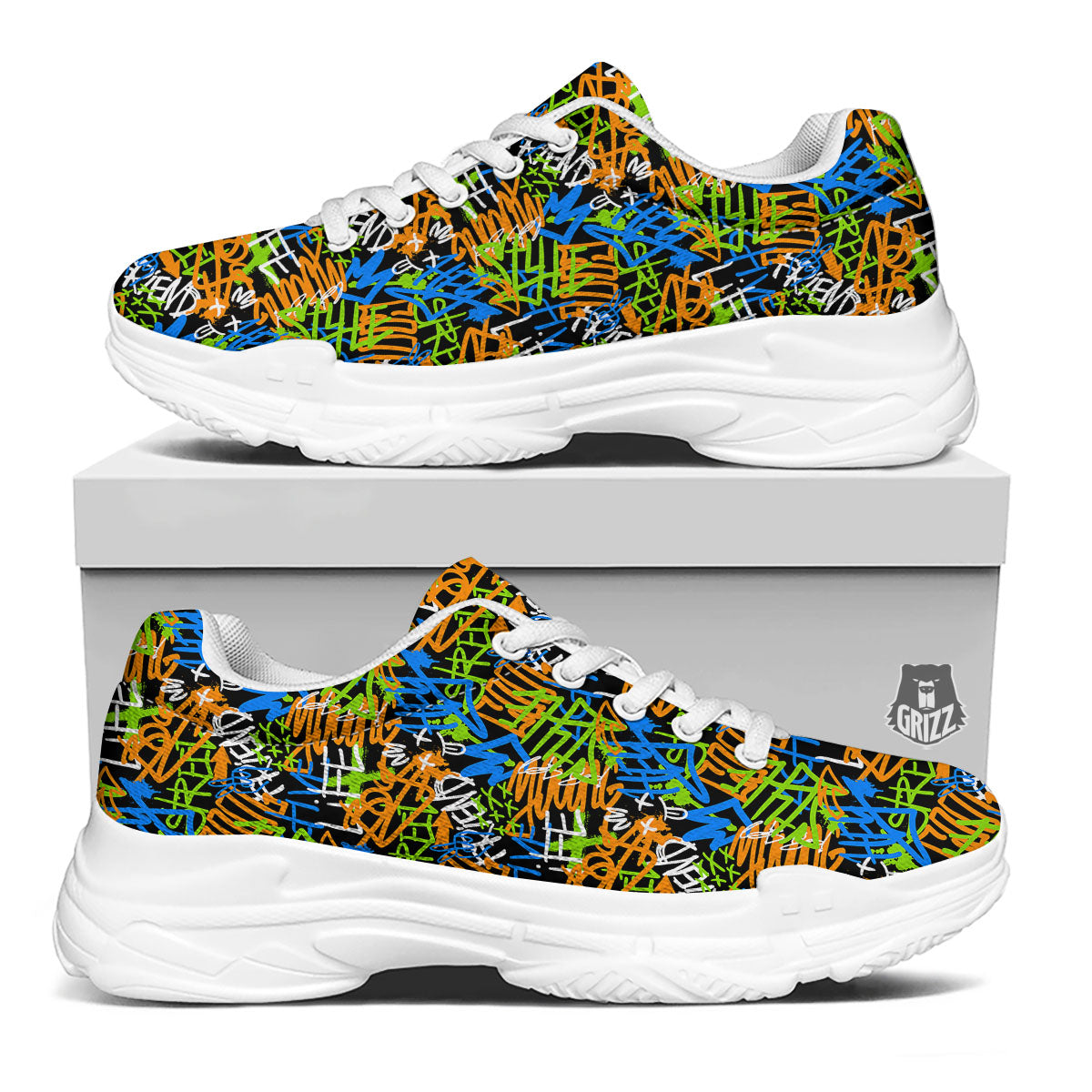 Graffiti Text Print Pattern White Chunky Shoes-grizzshop