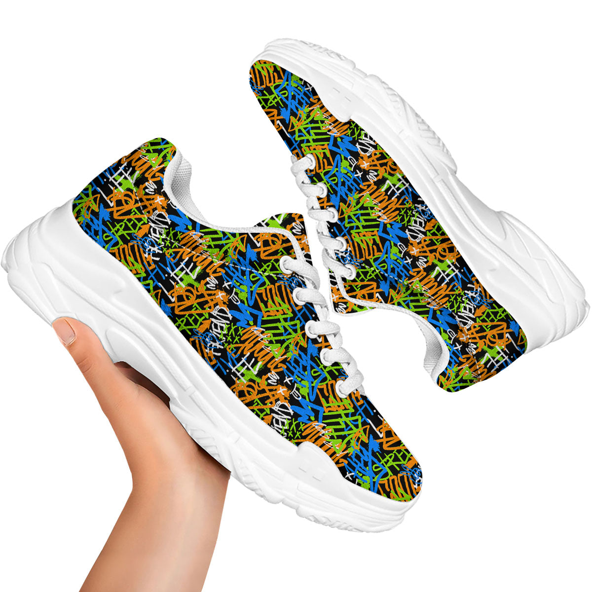 Graffiti Text Print Pattern White Chunky Shoes-grizzshop