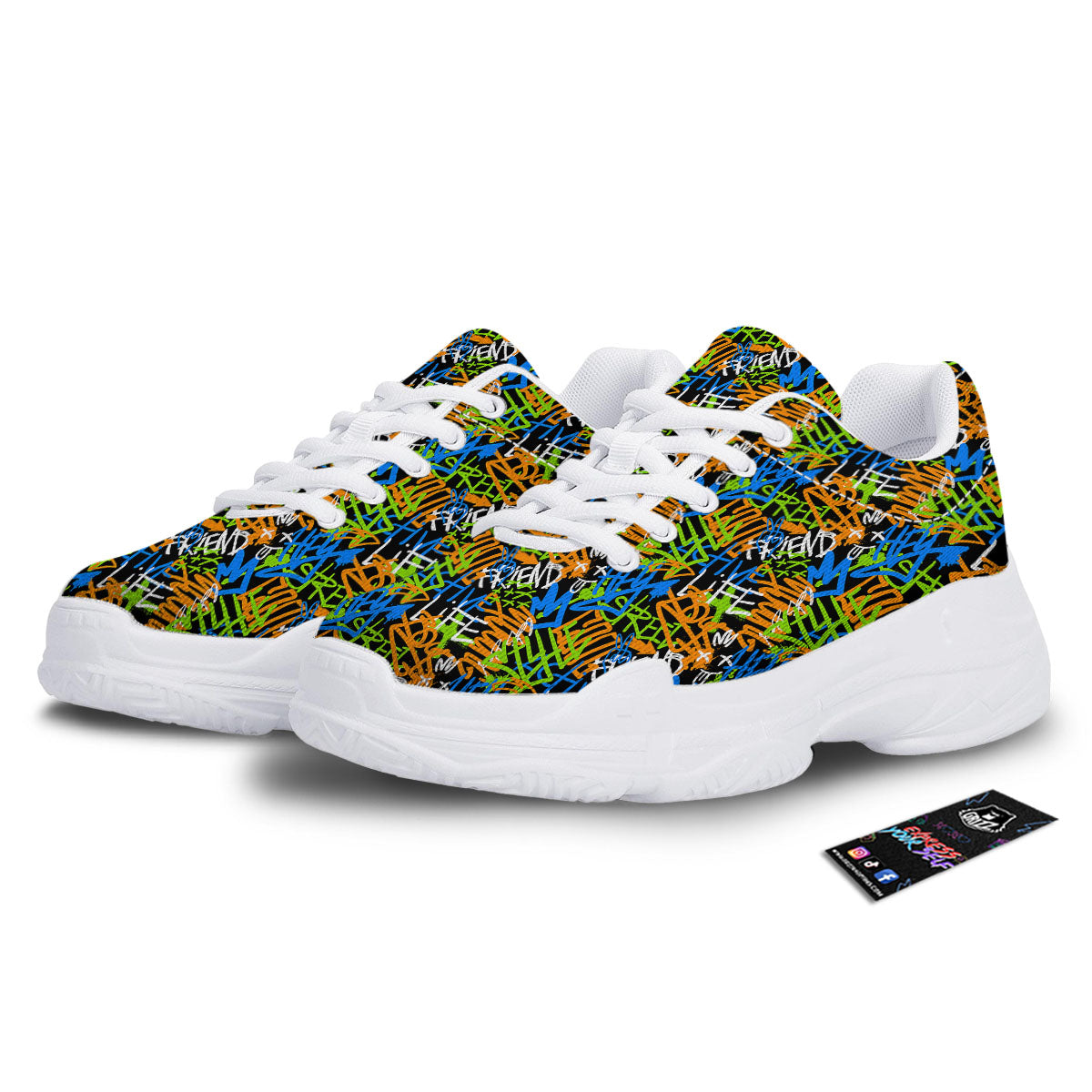 Graffiti Text Print Pattern White Chunky Shoes-grizzshop