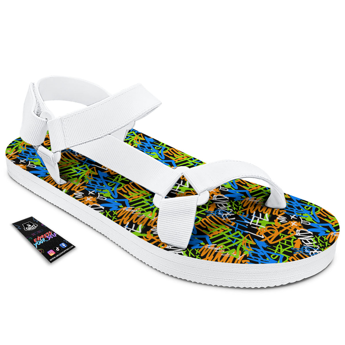 Graffiti Text Print Pattern White Open Toe Sandals-grizzshop