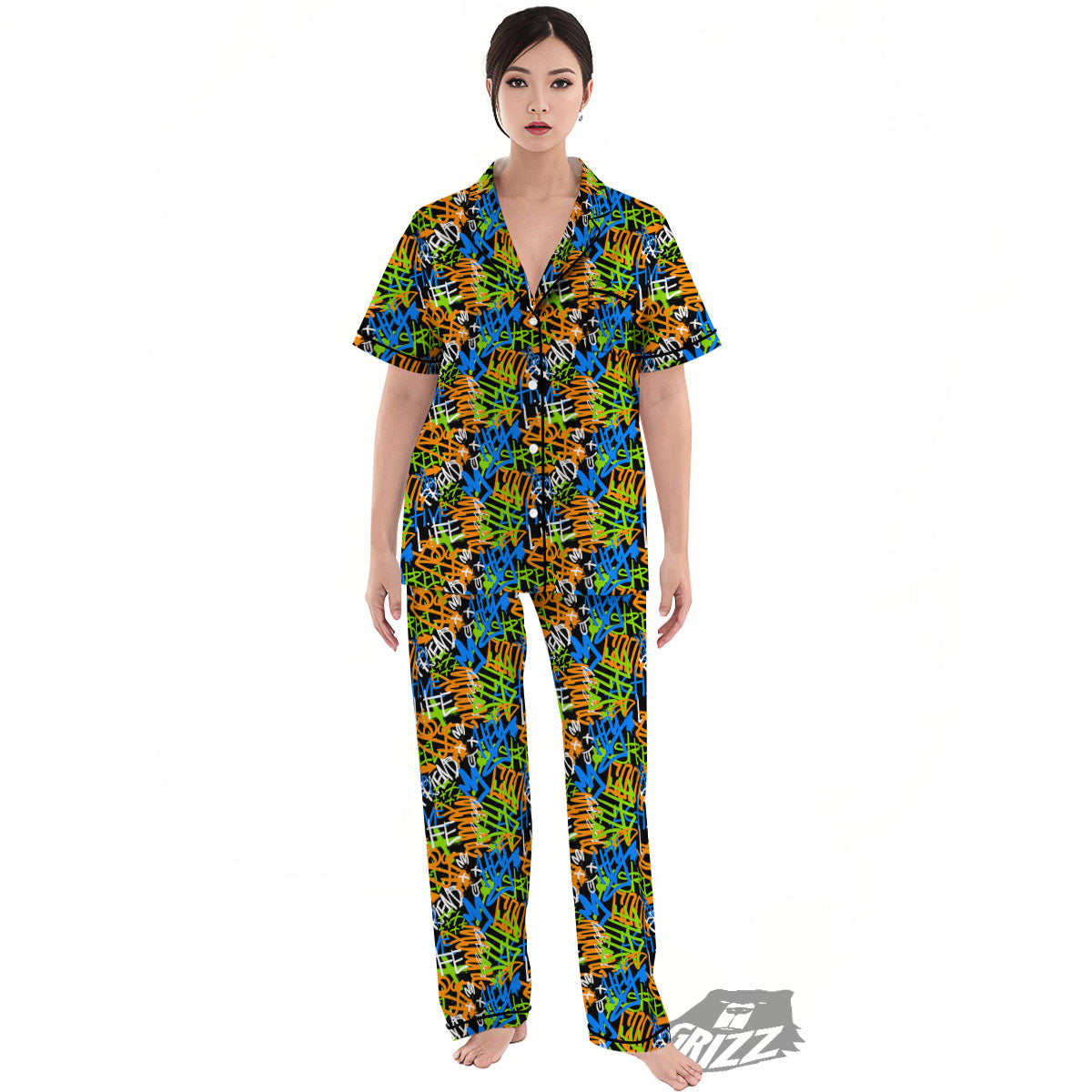 Graffiti Text Print Pattern Women's Pajamas Set-grizzshop