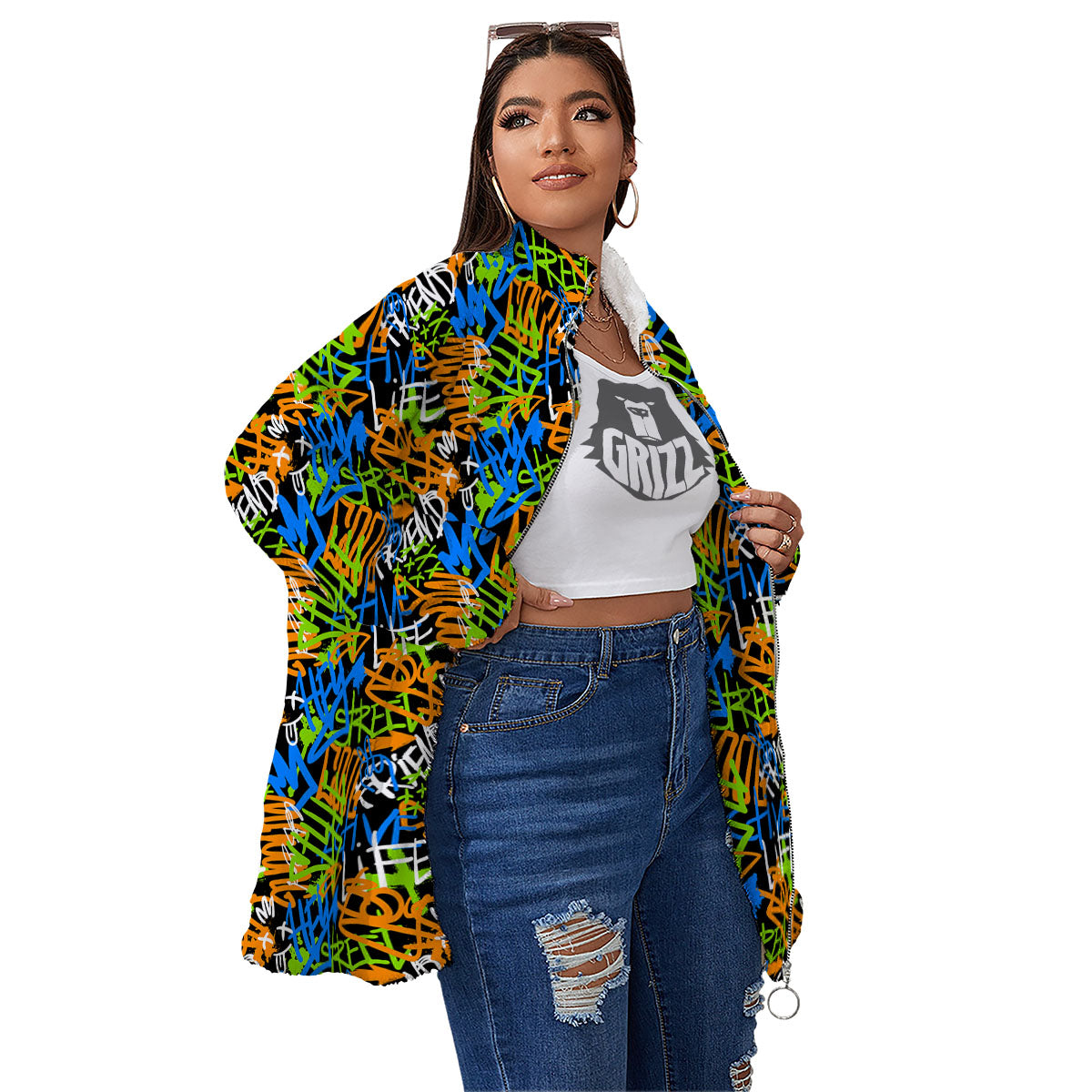 Graffiti Text Print Pattern Women's Sherpa Jacket-grizzshop