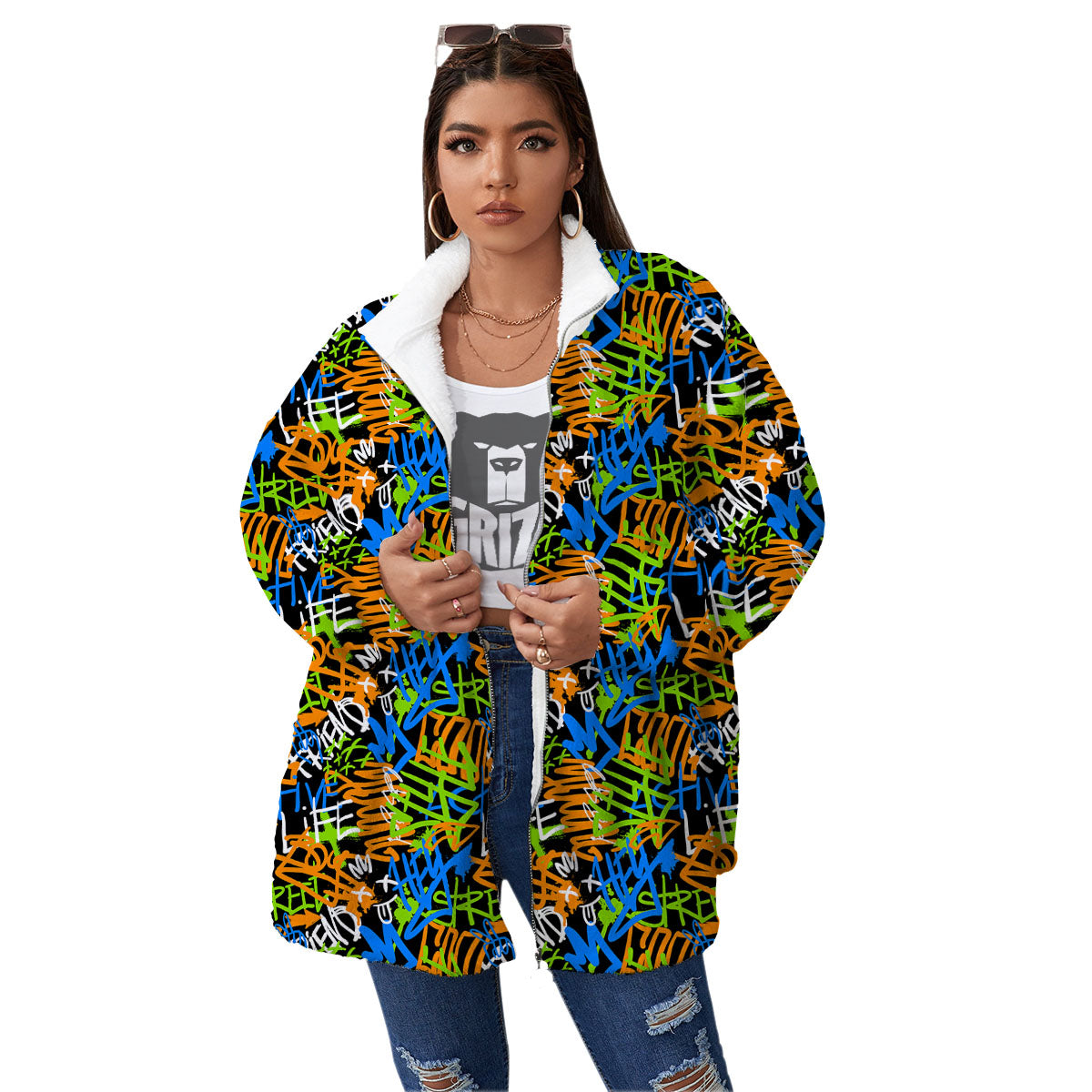 Graffiti Text Print Pattern Women's Sherpa Jacket-grizzshop