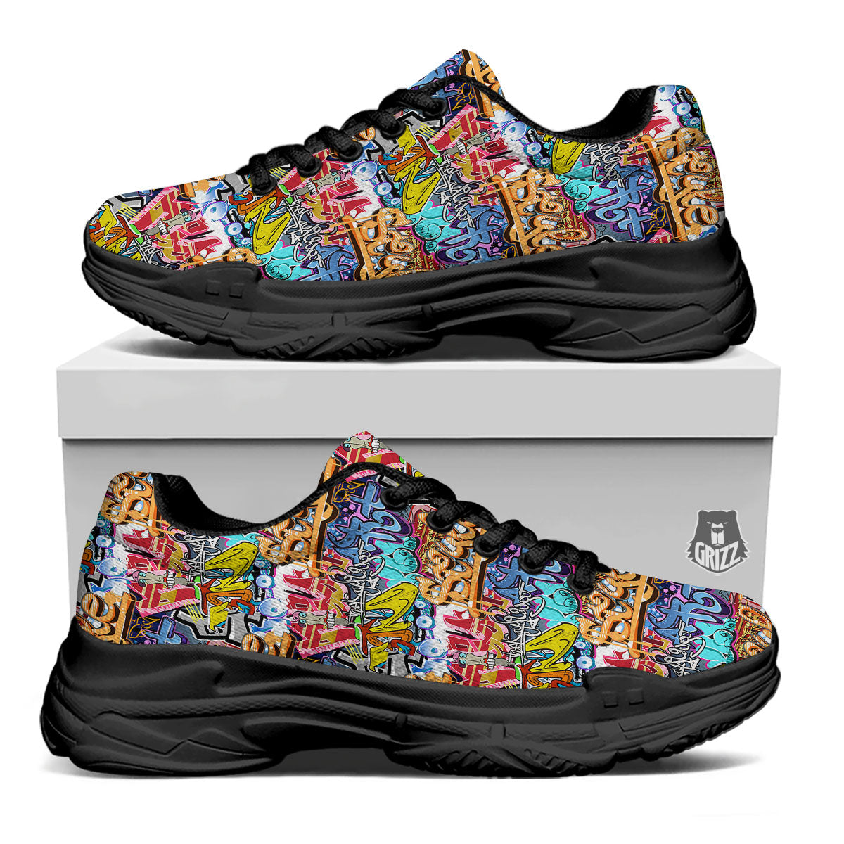 Graffiti Wall Print Black Chunky Shoes-grizzshop