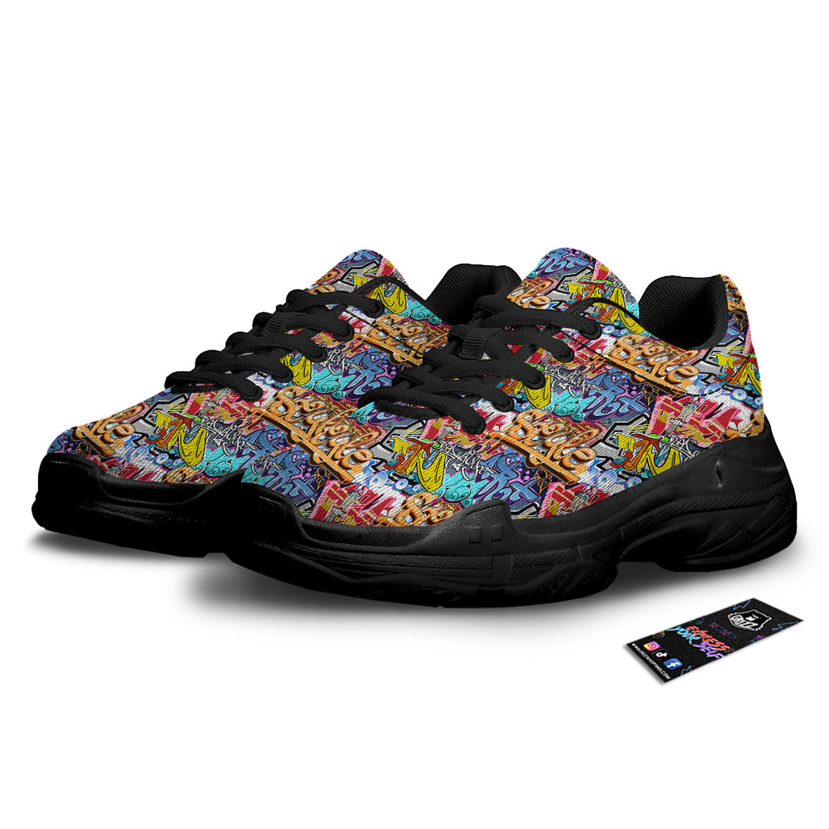 Graffiti Wall Print Black Chunky Shoes-grizzshop