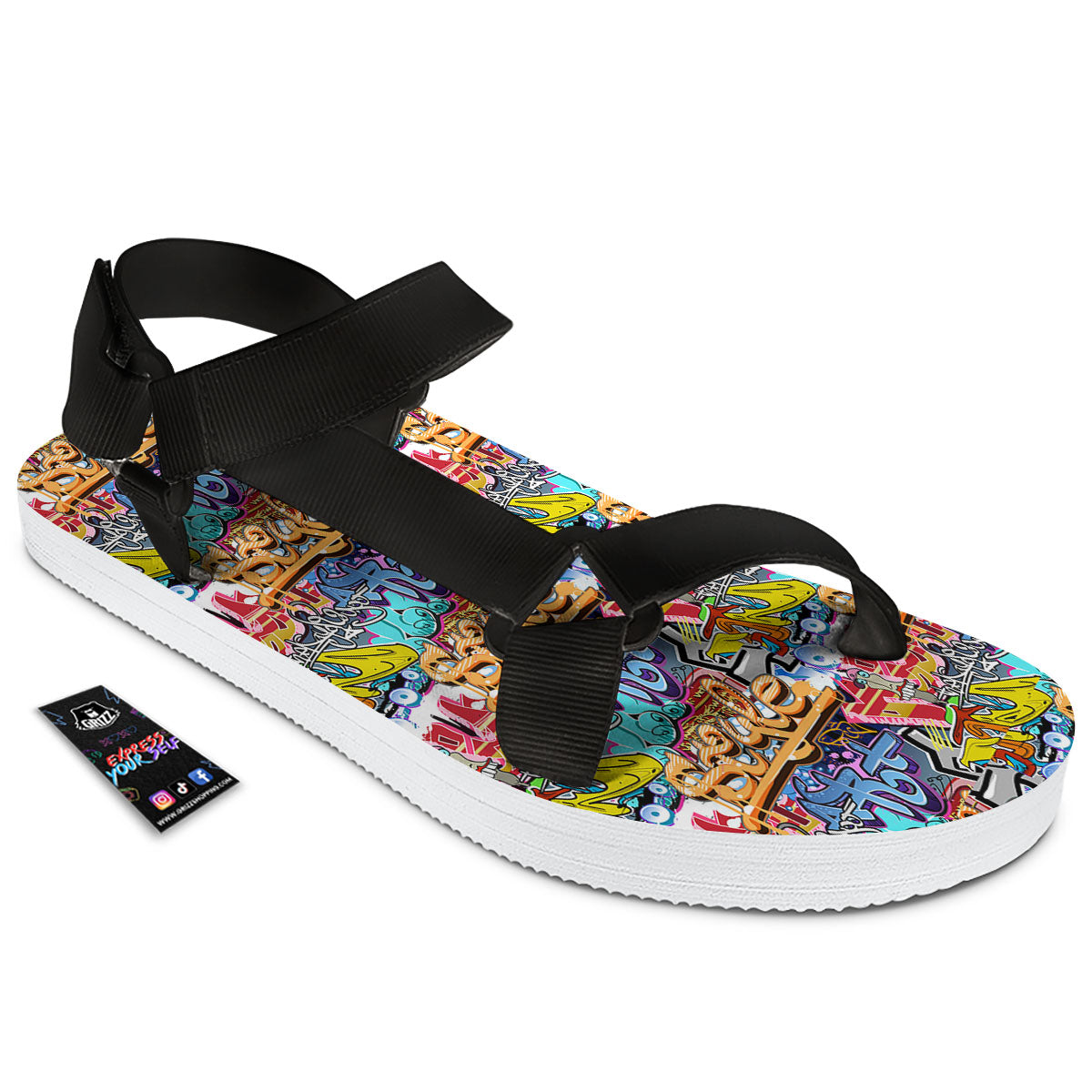 Graffiti Wall Print Black Open Toe Sandals-grizzshop