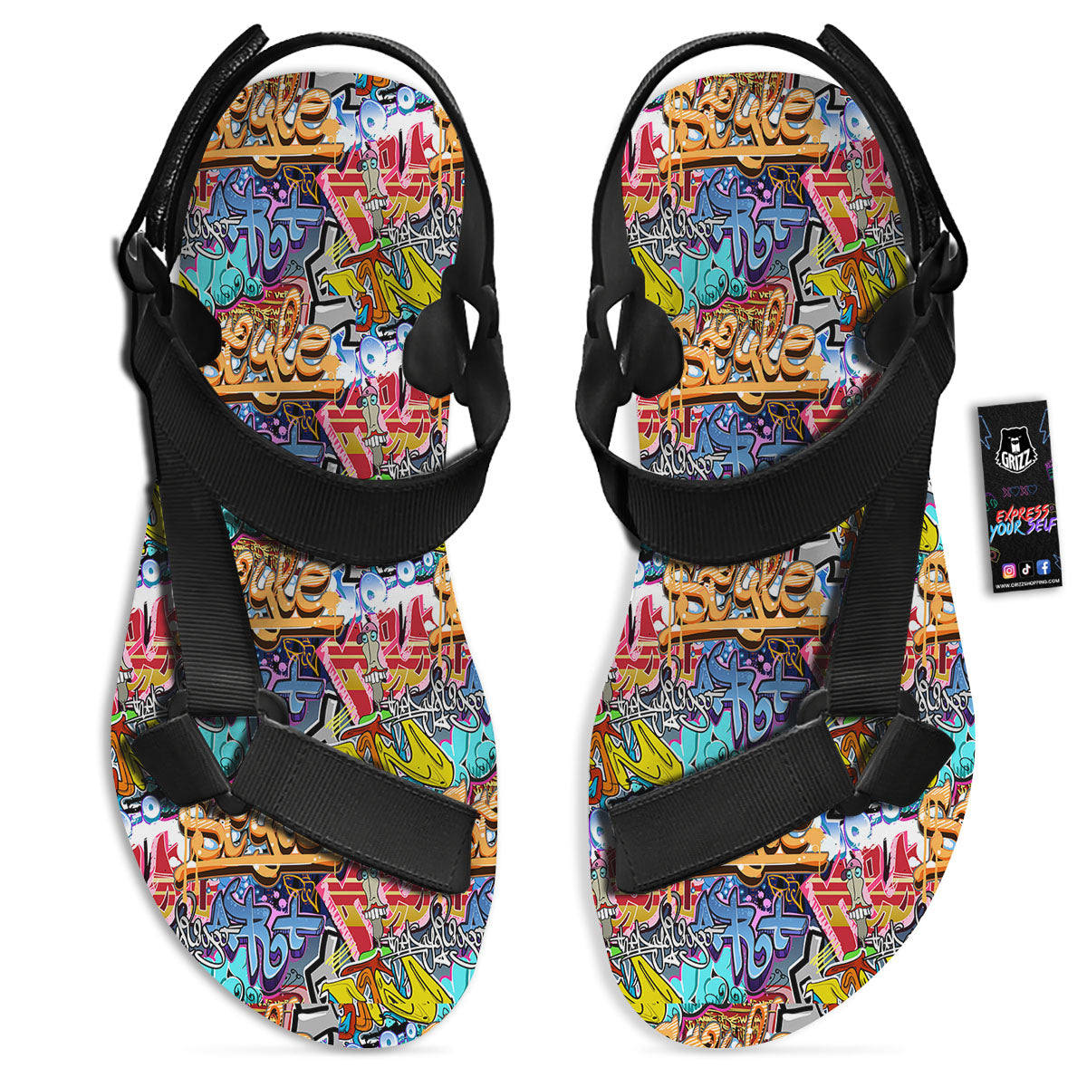 Graffiti Wall Print Black Open Toe Sandals-grizzshop