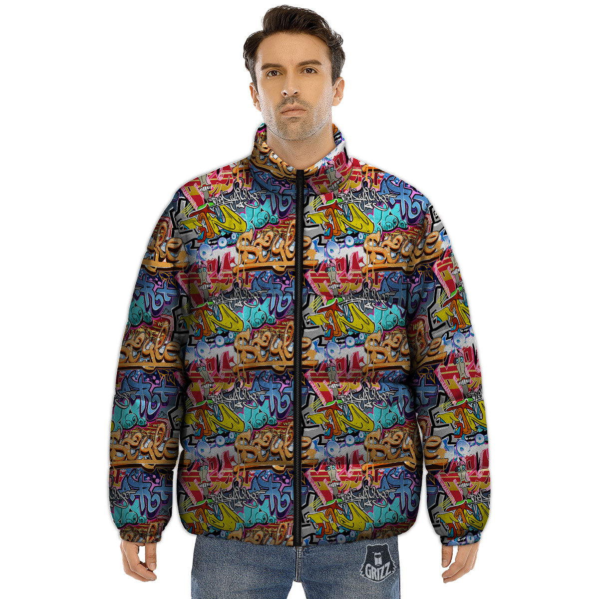 Graffiti Wall Print Puffer Jacket-grizzshop