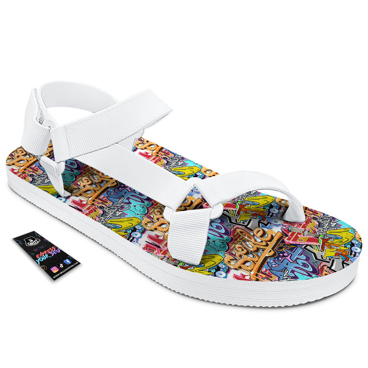 Graffiti Wall Print White Open Toe Sandals-grizzshop