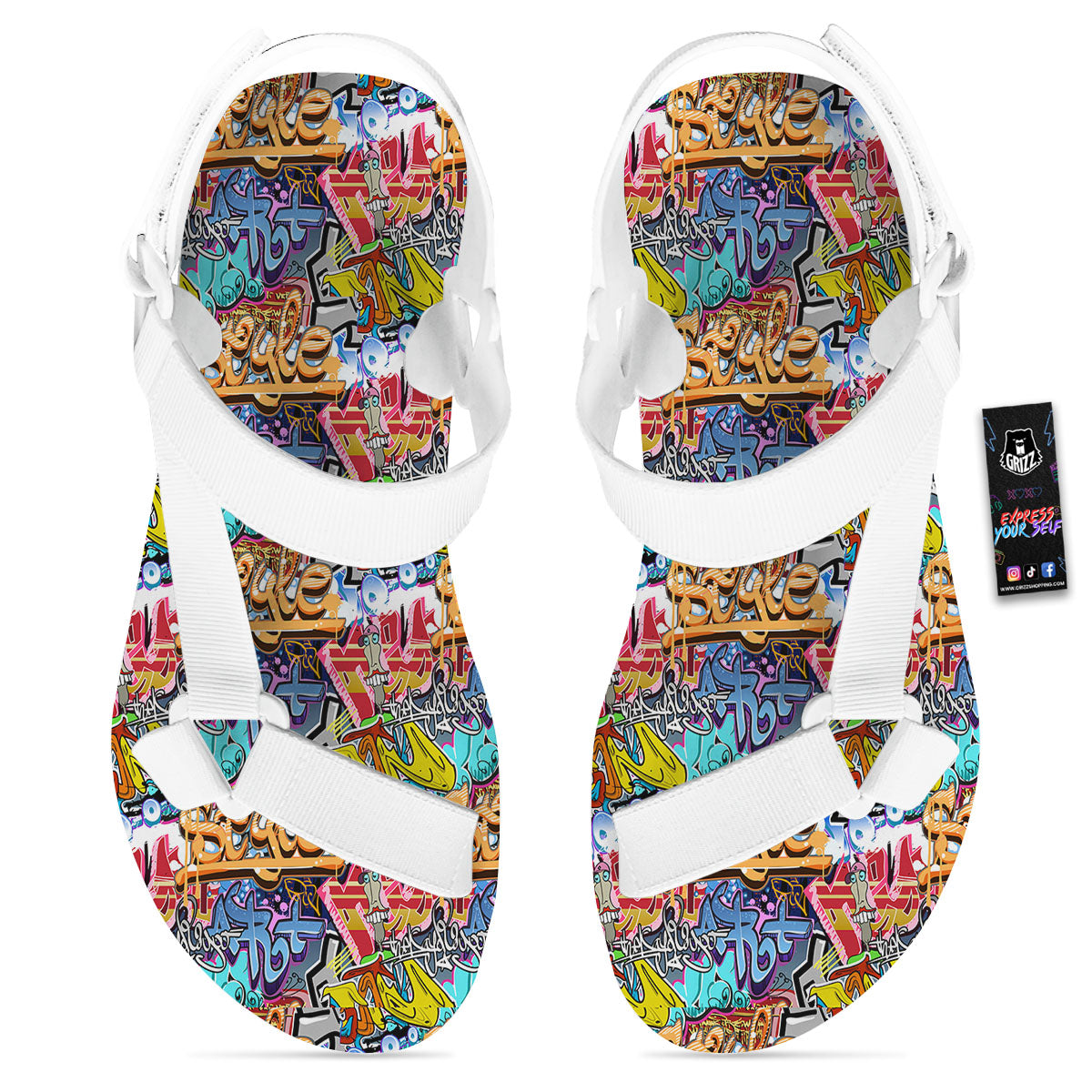 Graffiti Wall Print White Open Toe Sandals-grizzshop