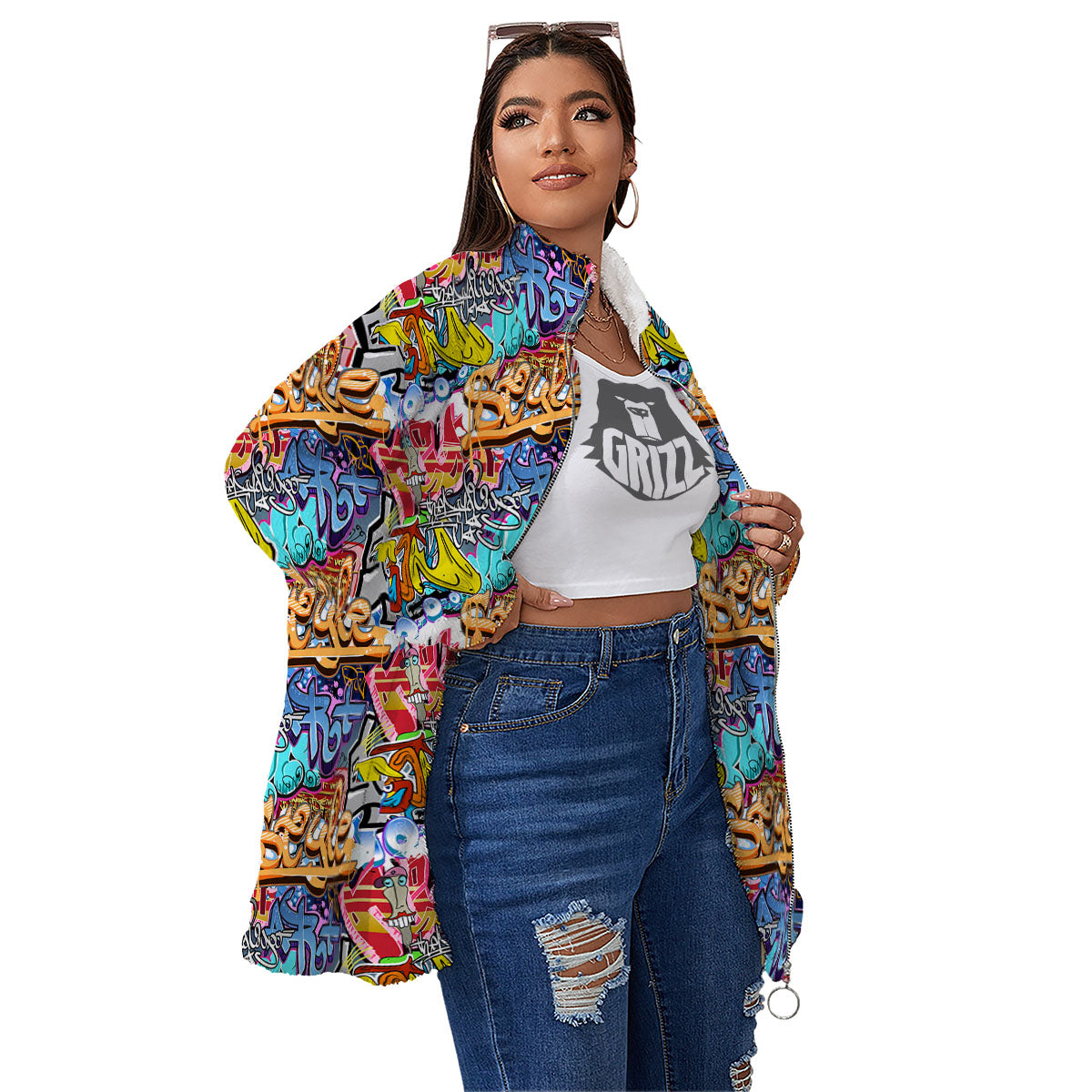 Graffiti Wall Print Women's Sherpa Jacket-grizzshop