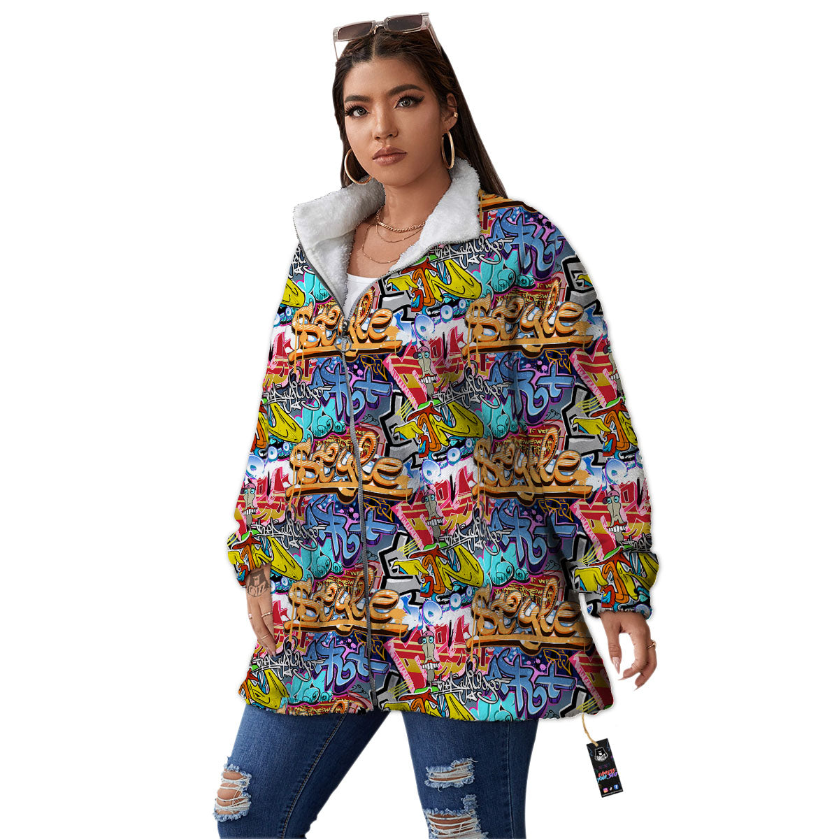 Graffiti Wall Print Women's Sherpa Jacket-grizzshop