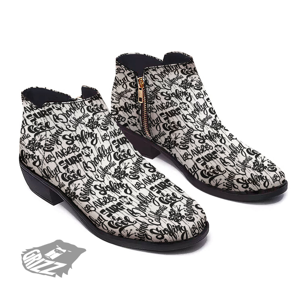 Graffiti White And Black Print Pattern Ankle Boots-grizzshop