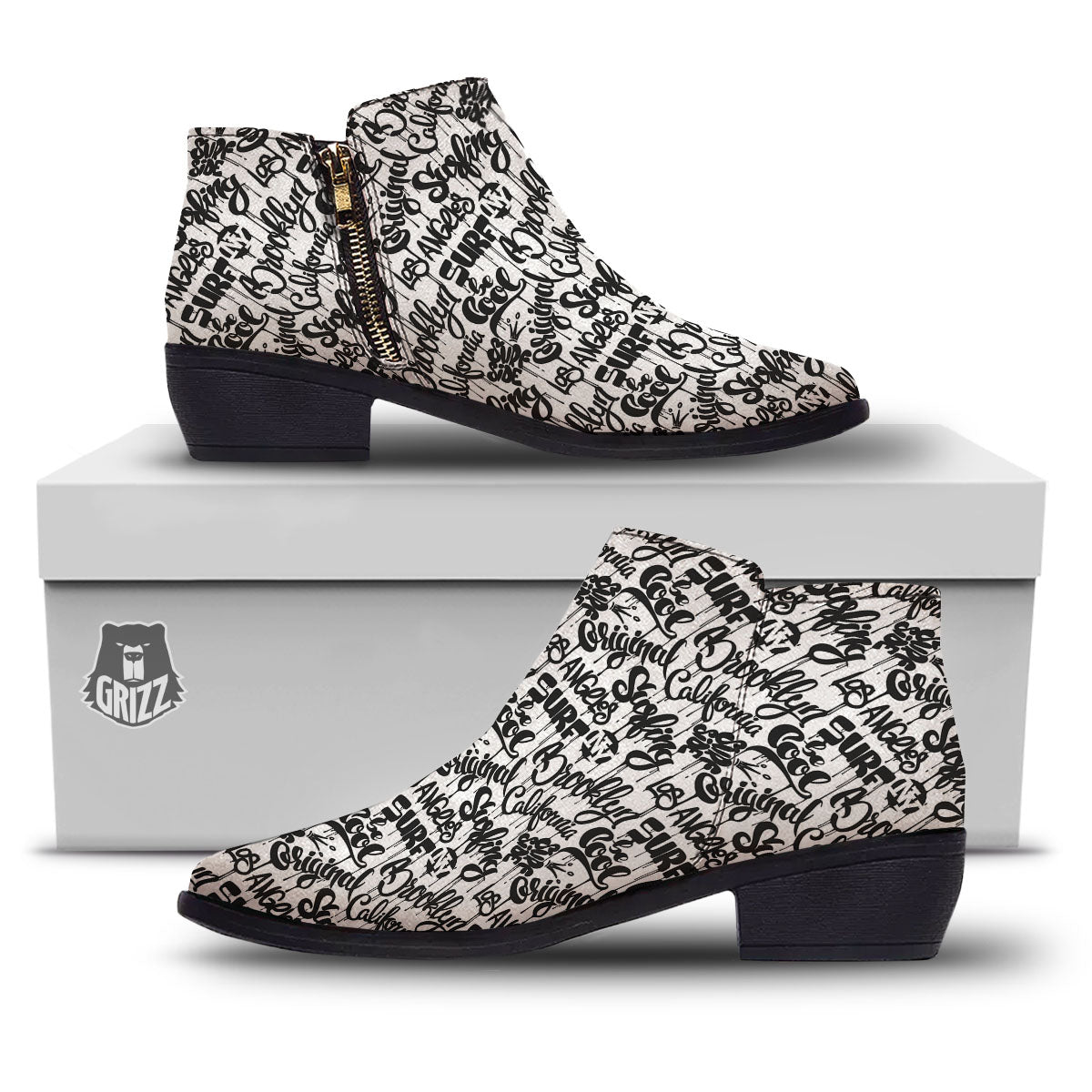 Graffiti White And Black Print Pattern Ankle Boots-grizzshop