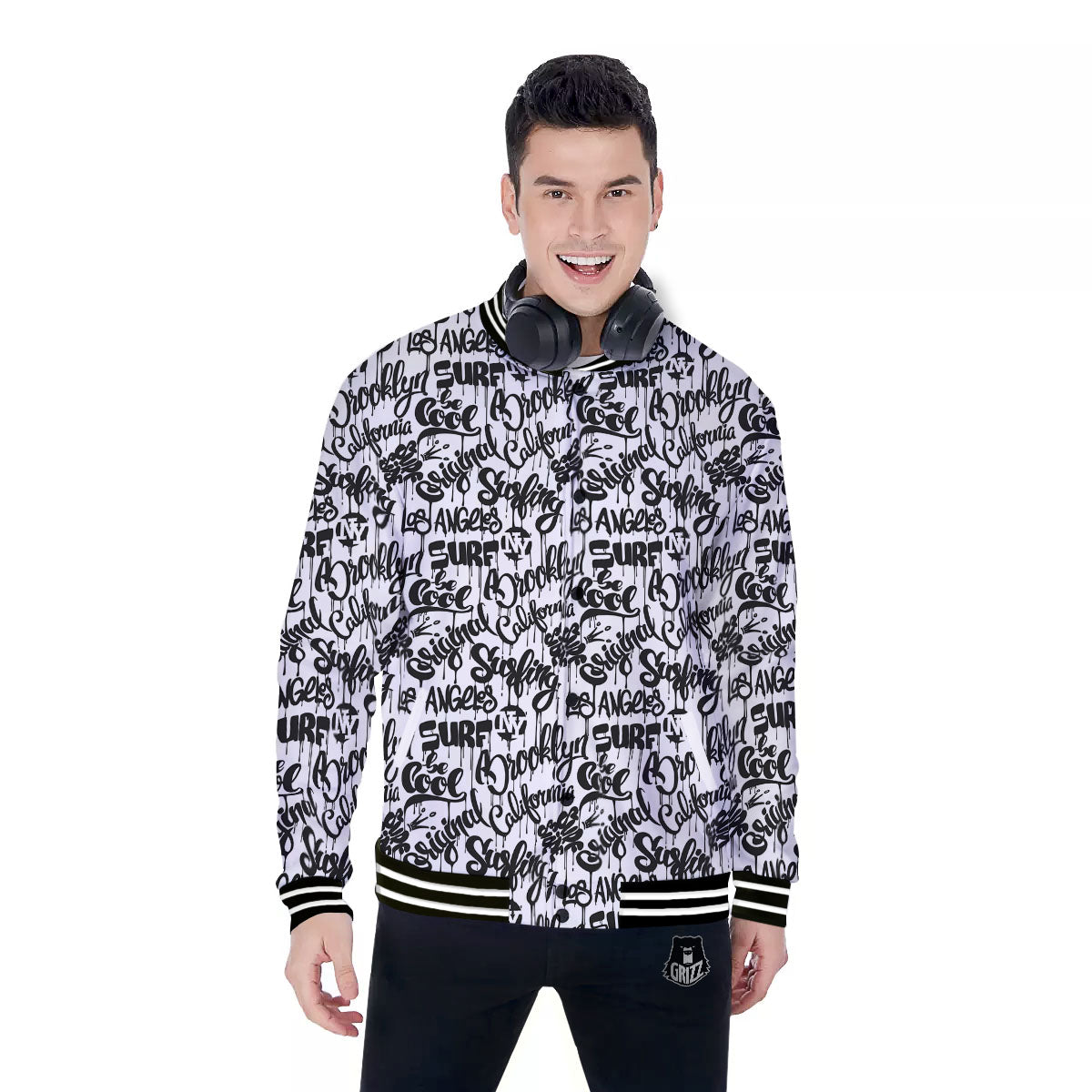 Graffiti White And Black Print Pattern Baseball Jacket-grizzshop