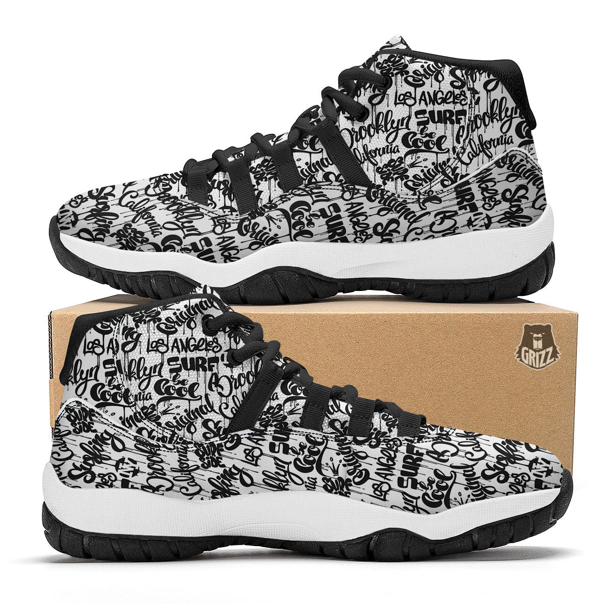 Graffiti White And Black Print Pattern Black Bball Shoes-grizzshop