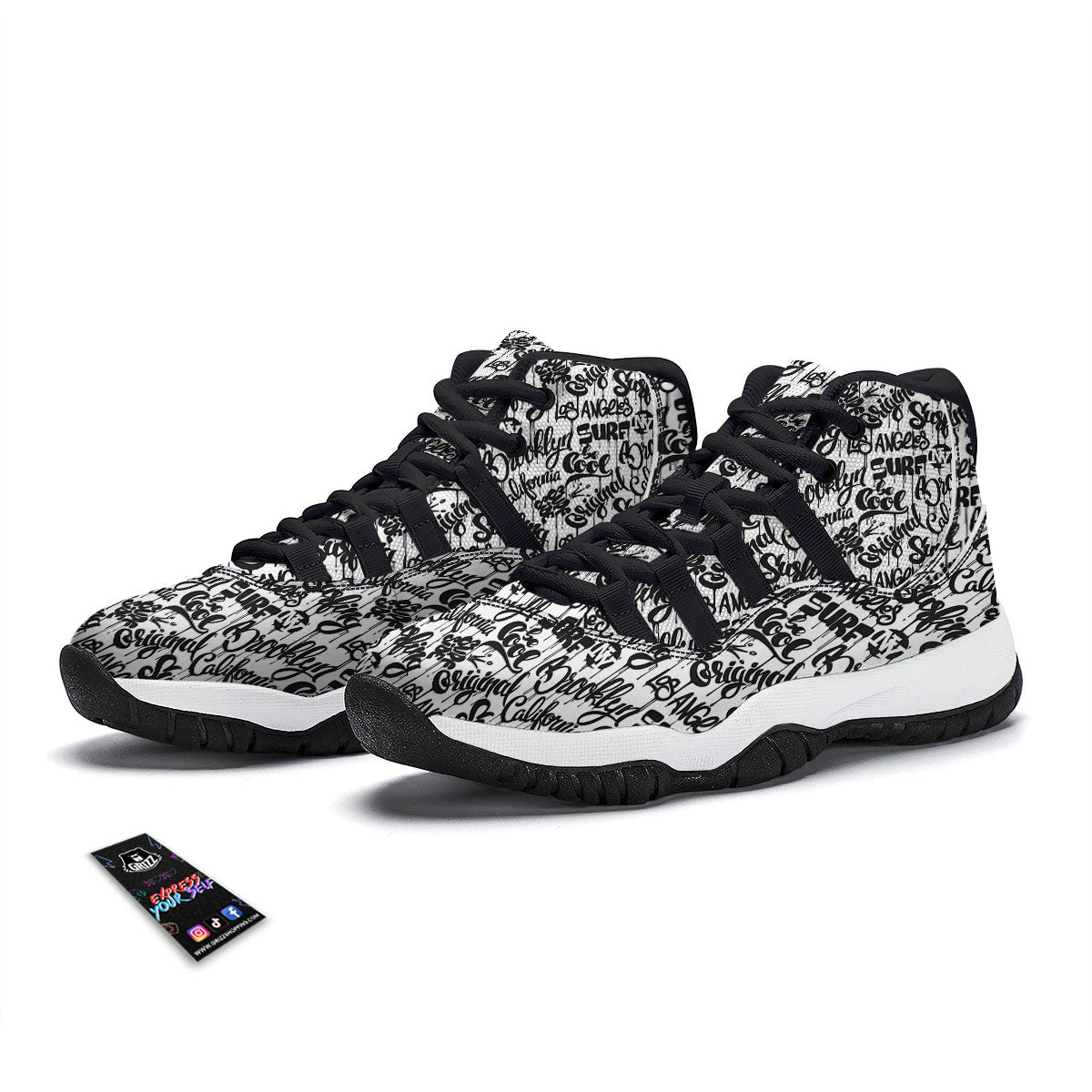 Graffiti White And Black Print Pattern Black Bball Shoes-grizzshop