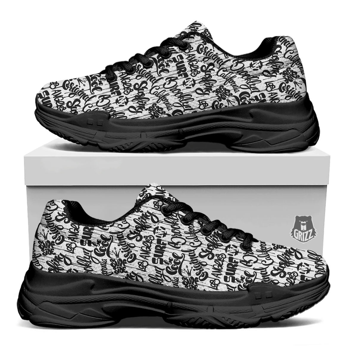 Graffiti White And Black Print Pattern Black Chunky Shoes-grizzshop