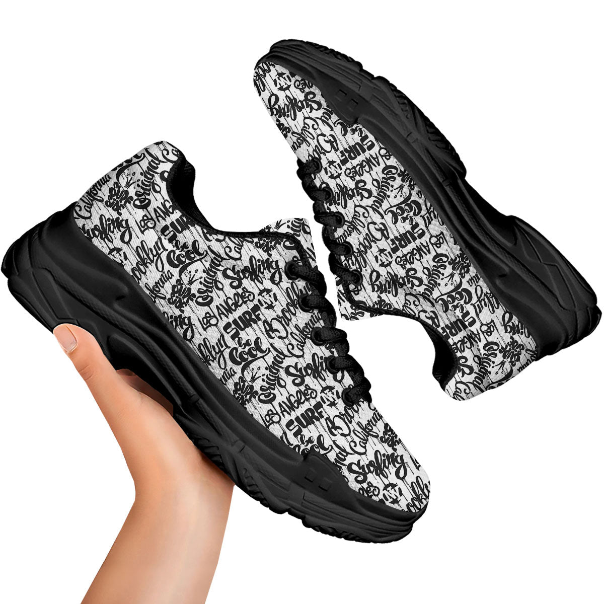 Graffiti White And Black Print Pattern Black Chunky Shoes-grizzshop