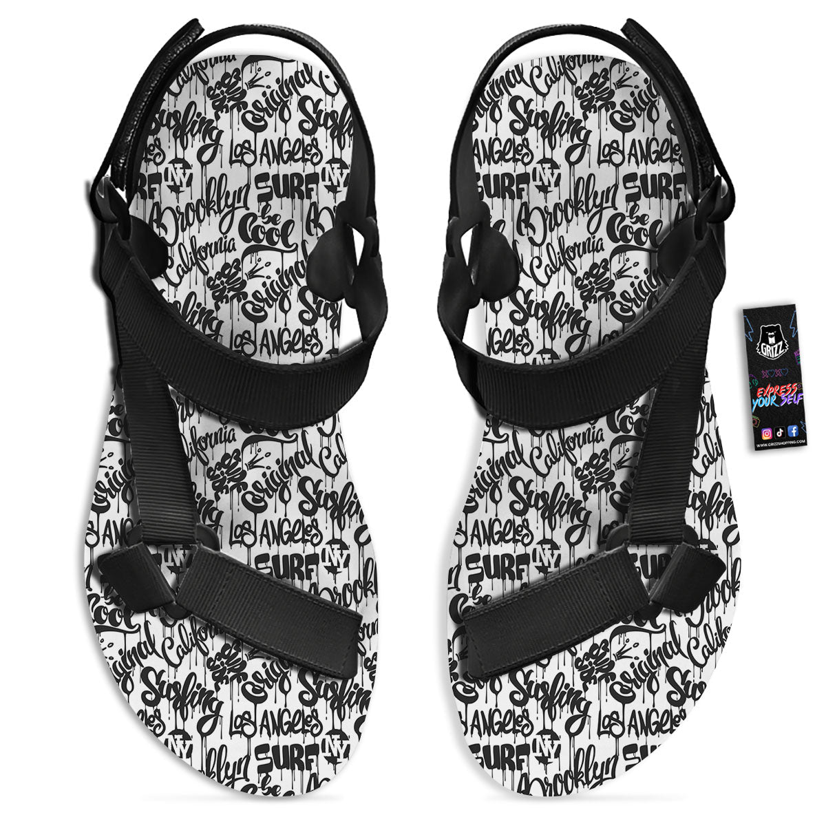 Graffiti White And Black Print Pattern Black Open Toe Sandals-grizzshop