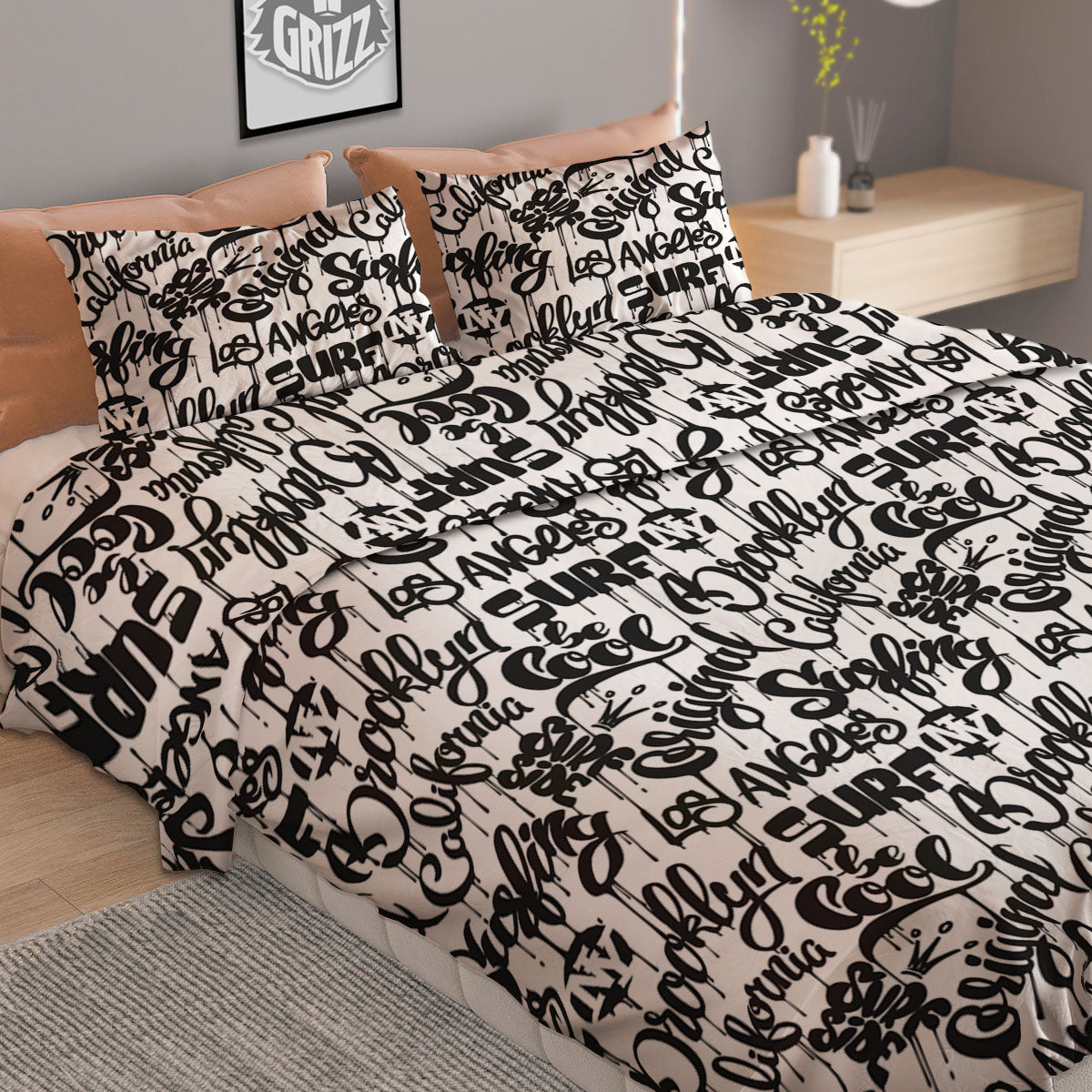 Graffiti White And Black Print Pattern Duvet Cover Bedding Set