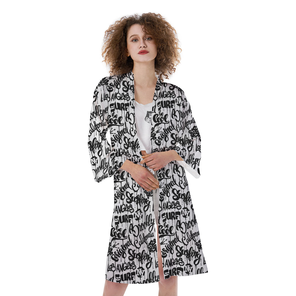 Graffiti White And Black Print Pattern Kimono-grizzshop