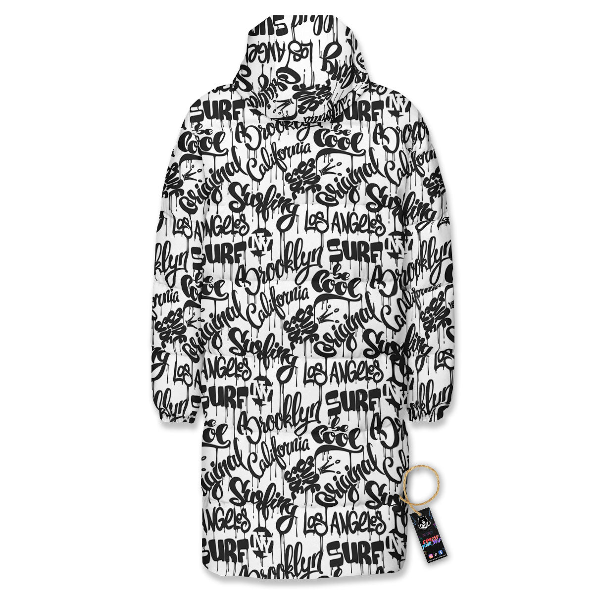 Graffiti White And Black Print Pattern Long Down Jacket-grizzshop