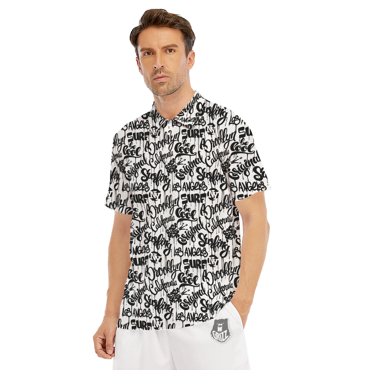 Graffiti White And Black Print Pattern Men's Golf Shirts-grizzshop