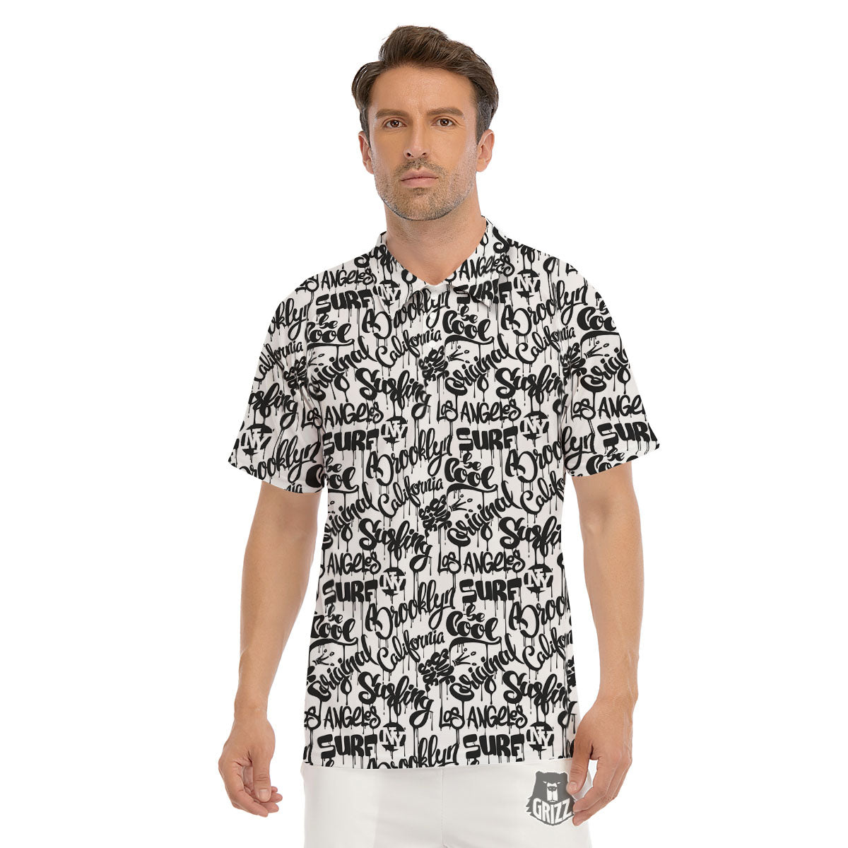 Graffiti White And Black Print Pattern Men's Golf Shirts-grizzshop