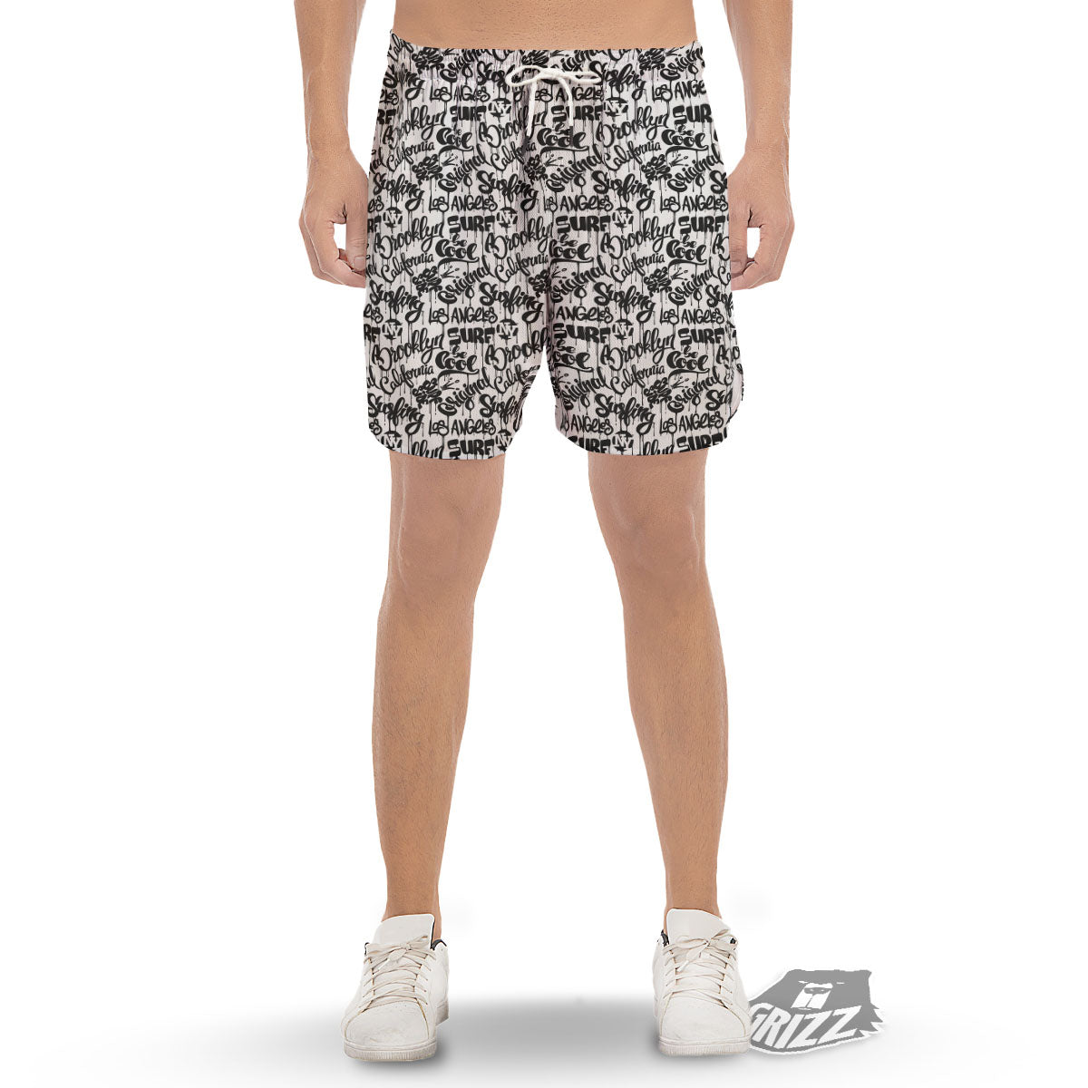 Graffiti White And Black Print Pattern Men's Gym Shorts-grizzshop