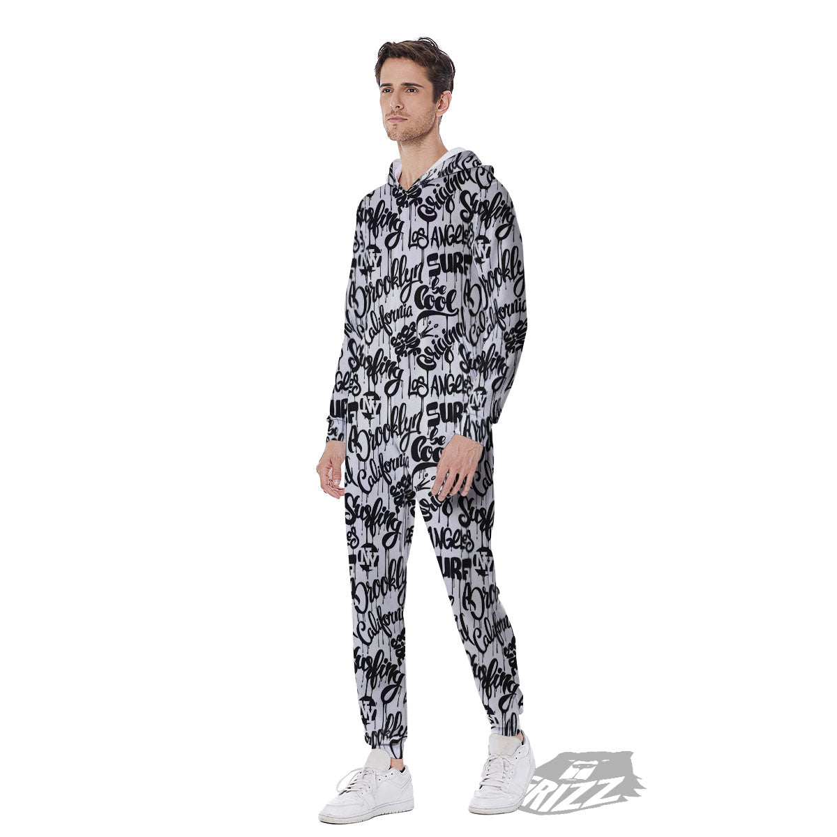 Graffiti White And Black Print Pattern Men's Jumpsuit-grizzshop