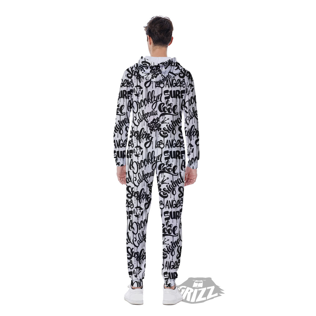 Graffiti White And Black Print Pattern Men's Jumpsuit-grizzshop